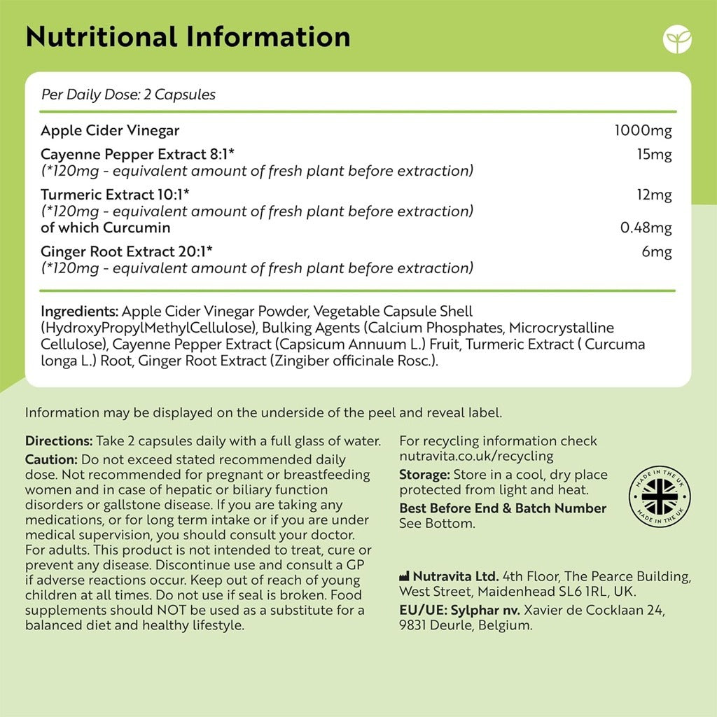 Apple Cider Vinegar With Ginger And Turmeric Extract 180 Capsules - Nutravita Apple Cider Vinegar Complex Capsules 180's