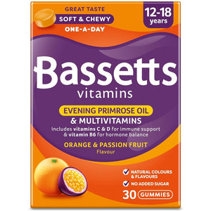 باسيتس زهرة الربيع المسائية مع فيتامينات لعمر 12-18 سنة 30 باستيليا مضغ - Bassetts Vitamins Evening Primrose Oil & Multivitamins 12-18 Years Pastilles 30's