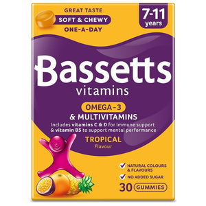 باسيتس أوميجا 3 مع فيتامينات للأطفال 7-11 سنوات 30 باستيليا مضغ - Bassetts Vitamins Omega 3 & Multivitamins 7-11 Years Pastilles 30's