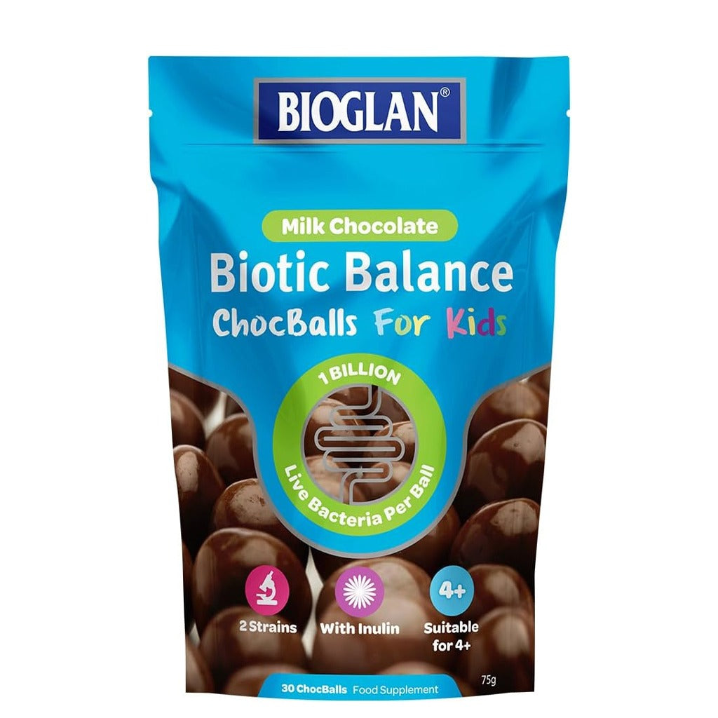 بيوجلان بيوتيك بالانس كرات الشوكولاتة بالحليب للأطفال 30 قطعة - Bioglan Biotic Balance Milk ChocBalls For Kids 30 ChocBalls
