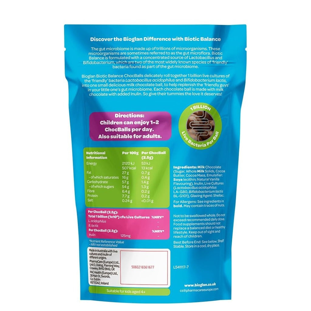 بيوجلان بيوتيك بالانس كرات الشوكولاتة بالحليب للأطفال 30 قطعة - Bioglan Biotic Balance Milk ChocBalls For Kids 30 ChocBalls