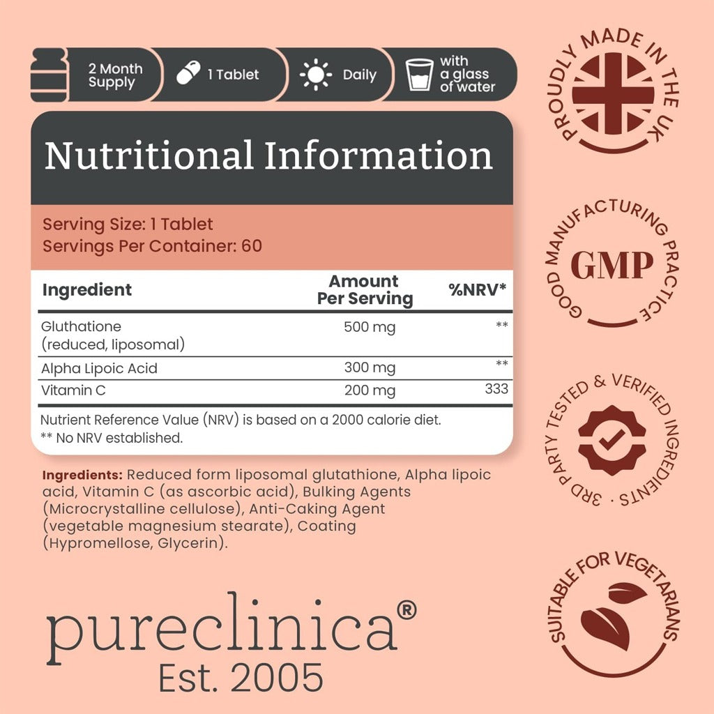 جلوتاثيون مضاعف القوة 60 قرص - Pureclinica Double Strength Glutathione 1000mg 60 Tablets