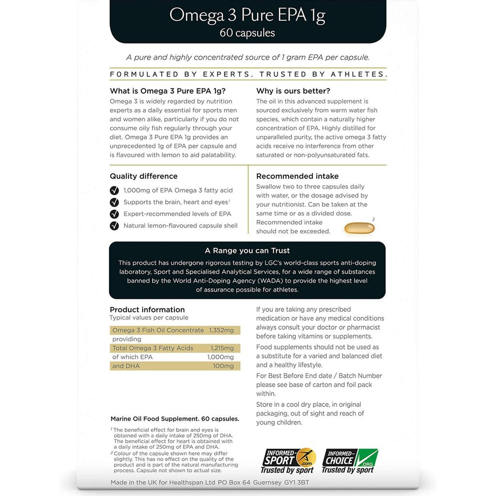 هيلثسبان أوميجا 3 حمض الايكوسابنتينويك النقي 1 جرام 60 كبسولة - Healthspan Elite Omega 3 Pure EPA 1g 60 Capsules