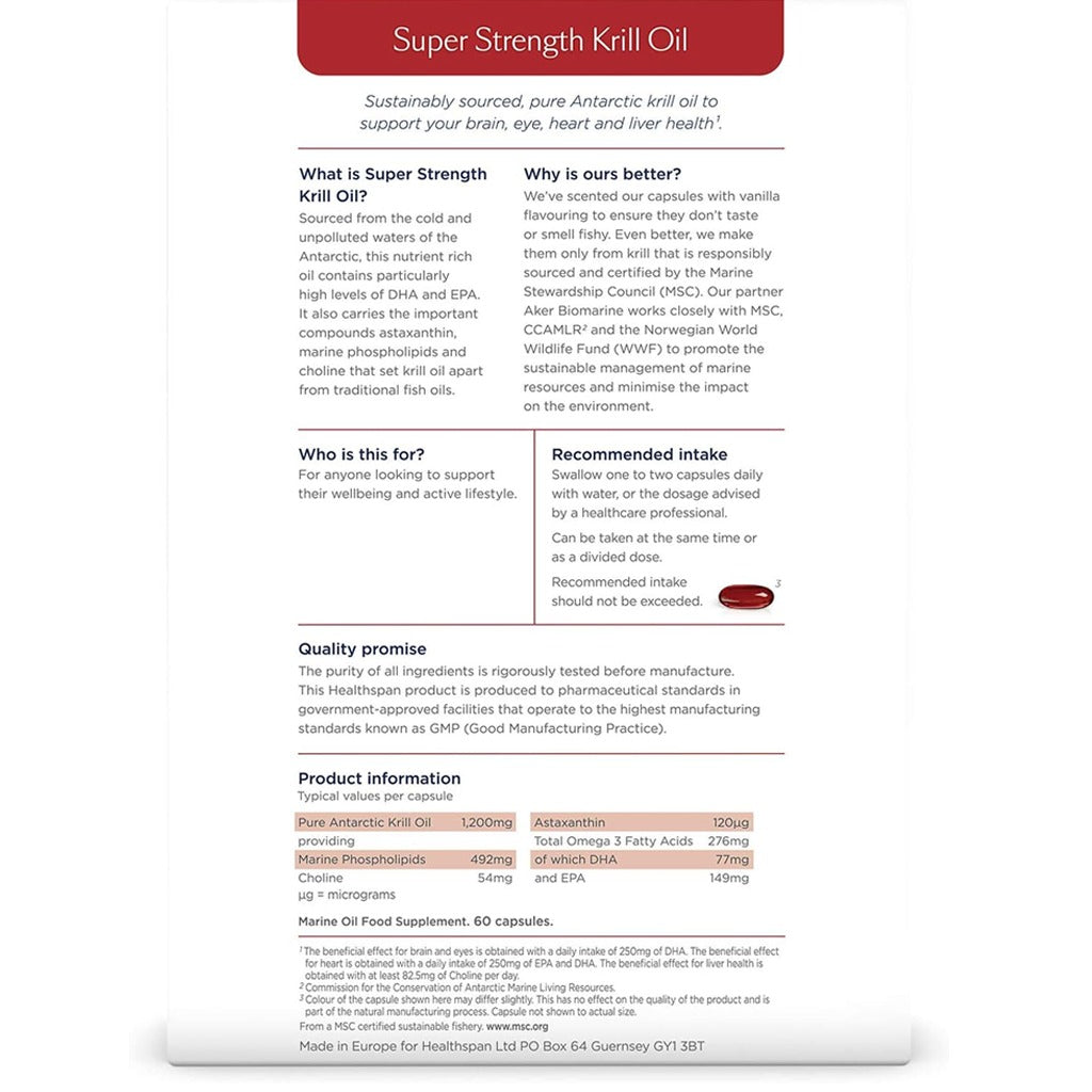 هيلثسبان زيت الكريل الأحمر 1200 ملج 60 كبسولة - Healthspan Super Strength Krill Oil 1200mg 60 Capsules