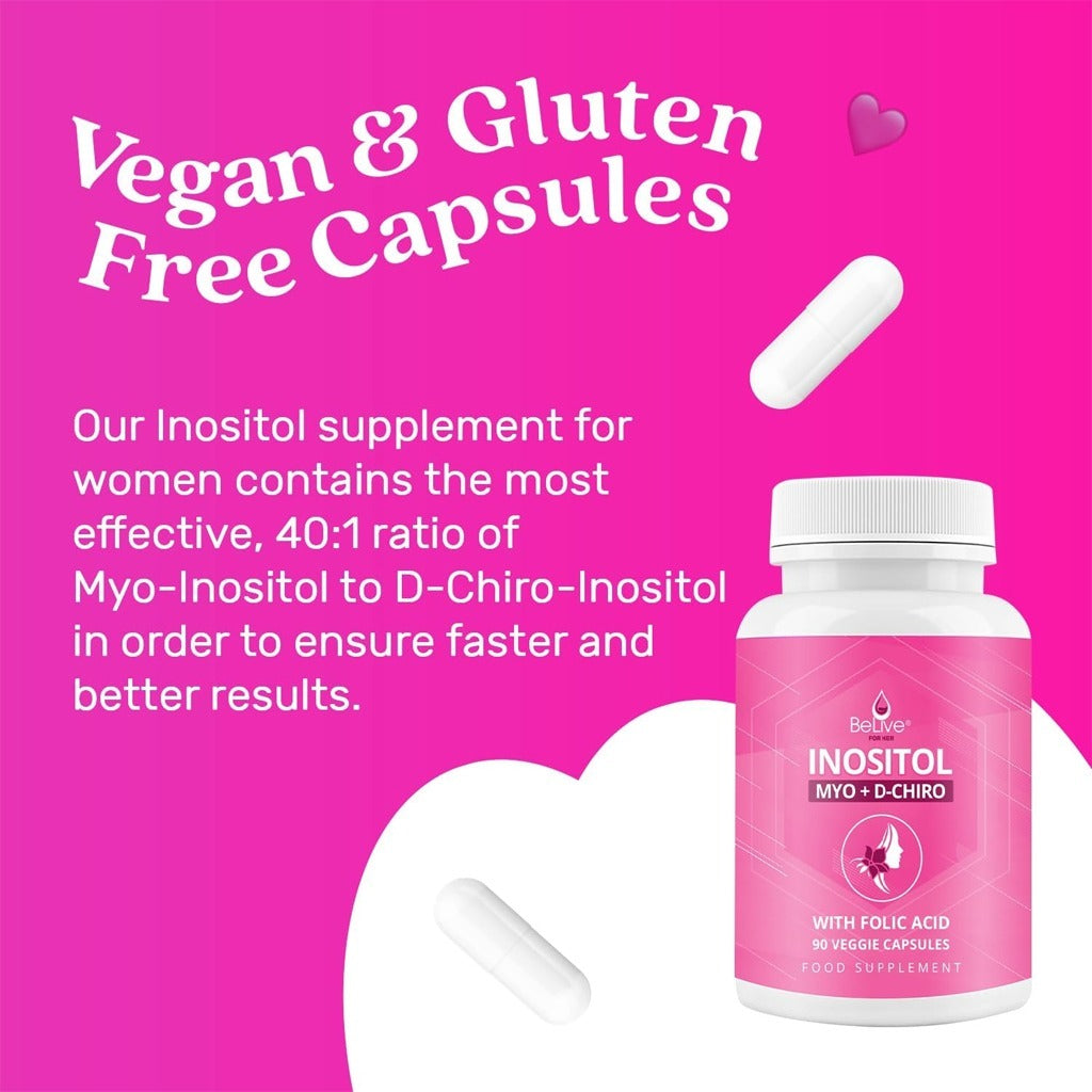 كبسولات الإينوزيتول مع حمض الفوليك 90 كبسولة نباتية - BeLive Myo & D-Chiro Inositol with Folic Acid 90 Capsules
