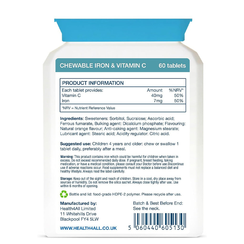 Iron With Vitamin C For Children 60 Chewable Tablets - Health4All Kids Iron &amp; Vitamin C Chewable Tablets 60's 
