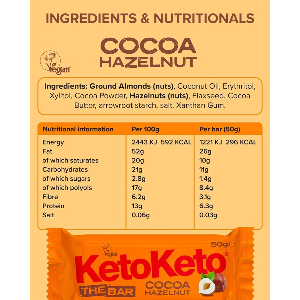 كيتو كيتو سناك بار نباتي بديل الوجبات بطعم الشيكولاتة والبندق 50 جرام 12 قطعة- Keto Keto Choc Hazelnut Snack Bars 50g 12 Bars