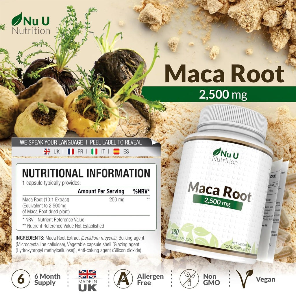 جذور الماكا العضوية 180 كبسولة - Nu U Maca Root 2500mg 180 Capsules