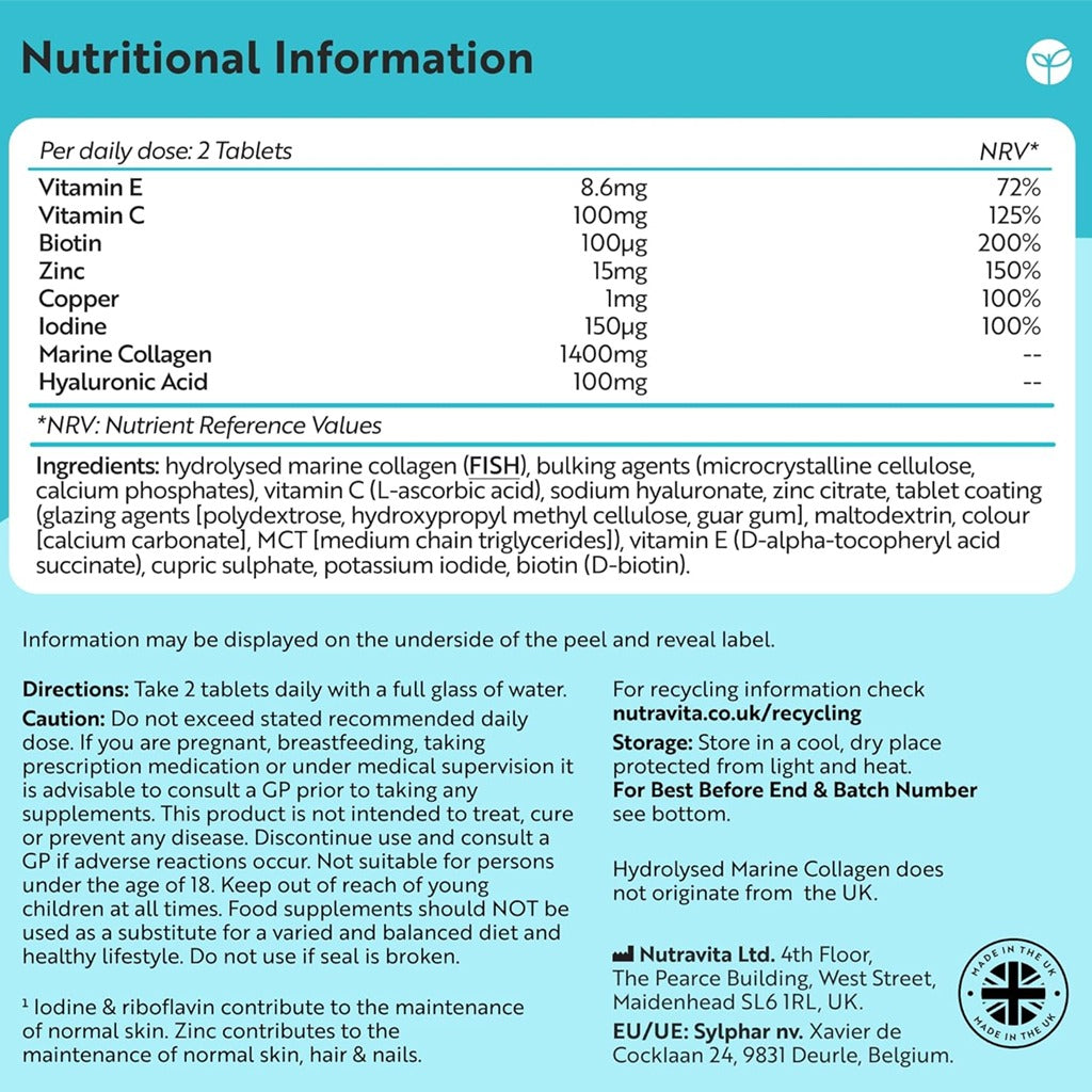 كولاجين بحري 1400 ملج مع حمض الهيالورونيك  120 قرص - Nutravita Marine Collagen 1400mg with Hyaluronic Acid 120 Tablets
