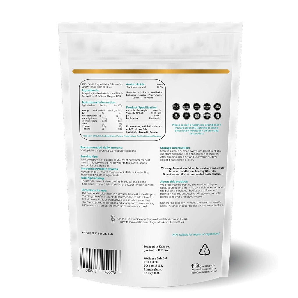 Marine Collagen Powder 10,000 mg 454 g - Wellness Lab Ltd Hydrolysed Marine Collagen Unflavored 454 g