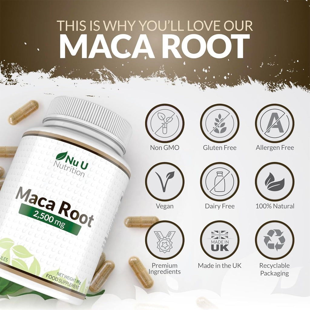 جذور الماكا العضوية 180 كبسولة - Nu U Maca Root 2500mg 180 Capsules