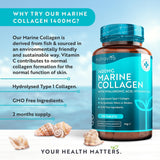 كولاجين بحري 1400 ملج مع حمض الهيالورونيك وفيتامين ج و هـ 120 قرص - Nutravita Marine Collagen 1400 mg with Hyaluronic Acid, Vitamin C & E Tablets 120’s