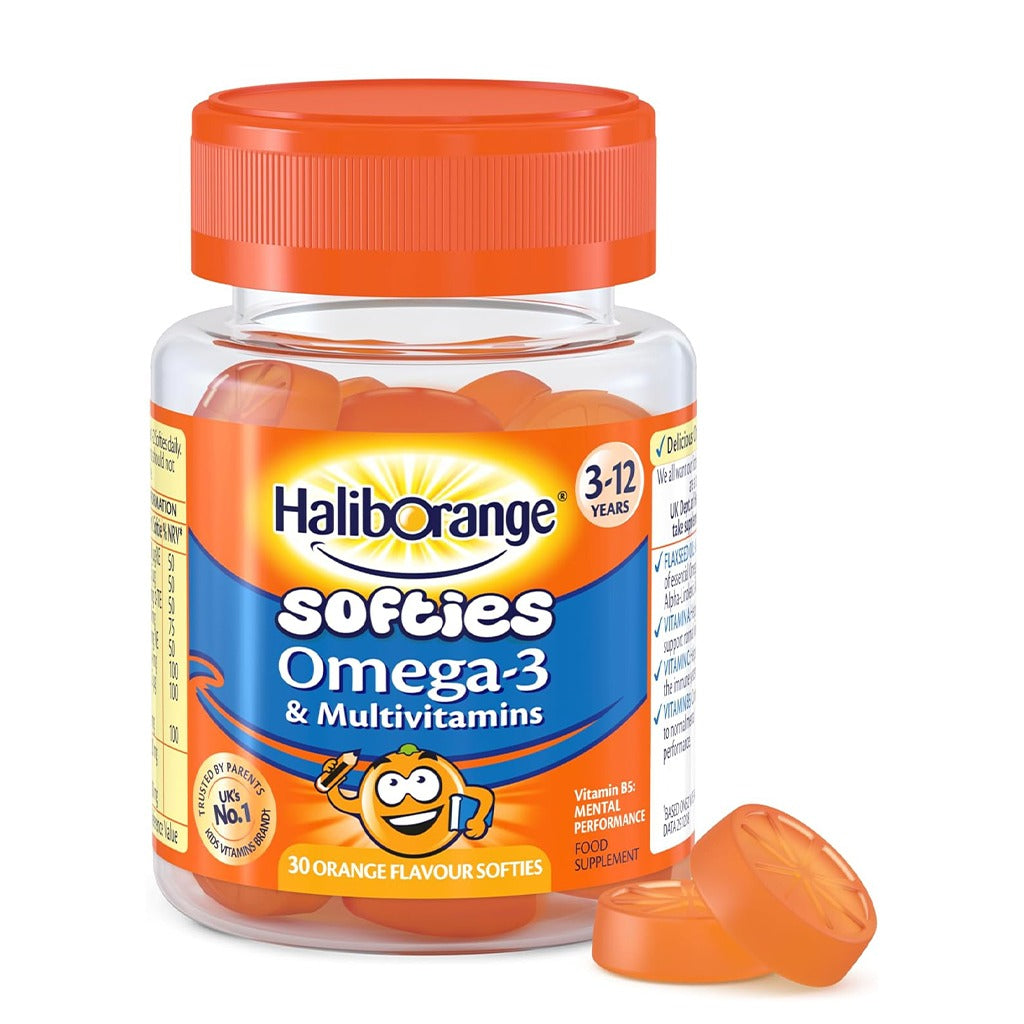 هاليبورانج اوميجا 3 مع فيتامينات مضغ بطعم البرتقال 30 قرص مضغ-  Haliborange Softies Omega-3 & Multivitamins Orange 30 Softies