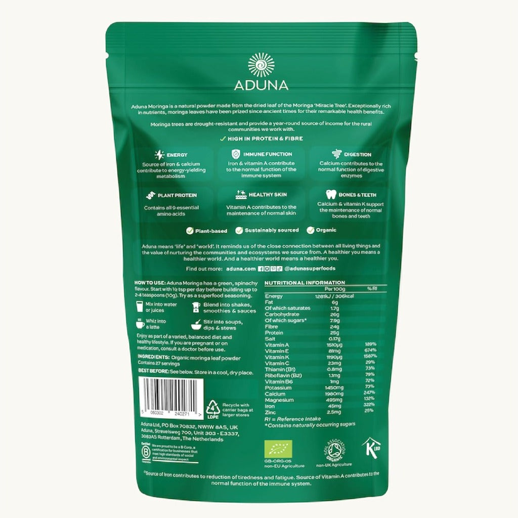 مورينجا باودر 100 ٪ عضوي 275 جم - Aduna Moringa Green Superleaf Powder 275g