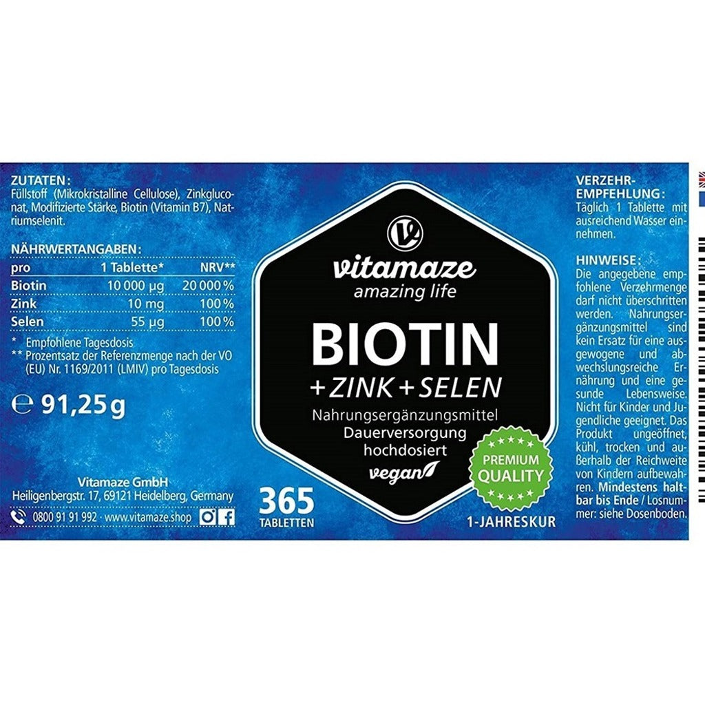 بيوتين 10000 ميكروجرام مع زنك وسيلينيوم 365 قرص - Vitamaze Biotin 10000mcg 365 Tablets