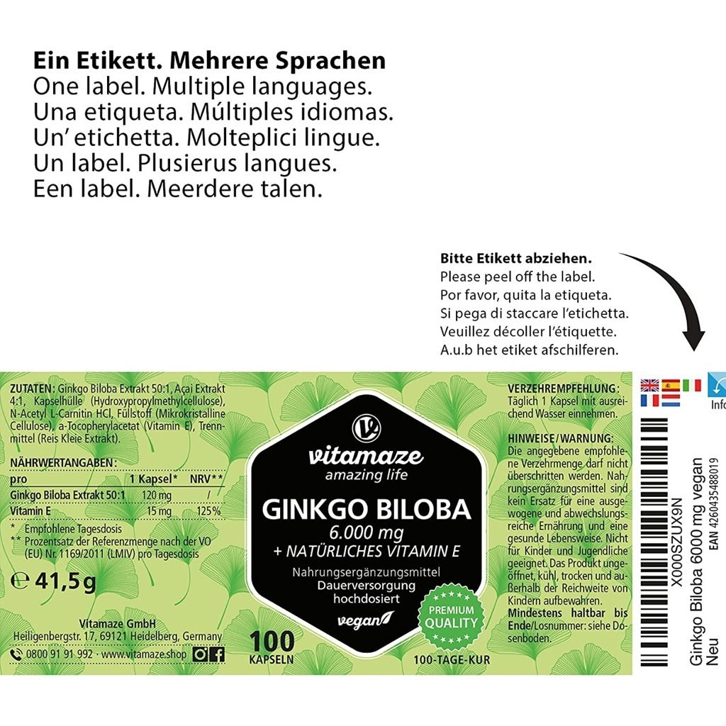 Ginkgo Biloba 6000 mg 100 Capsules - Vitamaze Ginkgo Biloba 6000 mg 100 Capsules