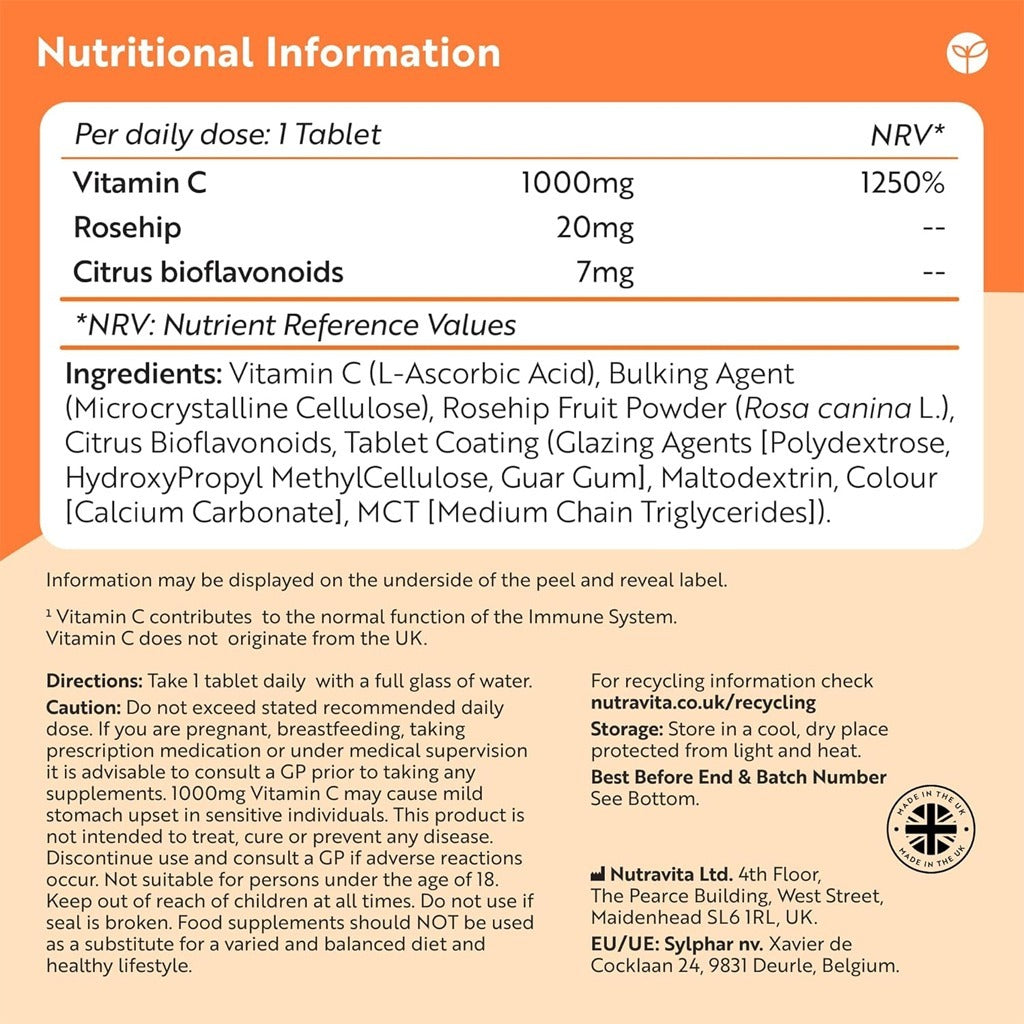Vitamin C 1000 mg Tablets 180's - Nutravita Vitamin C 1000 mg Tablets 180's