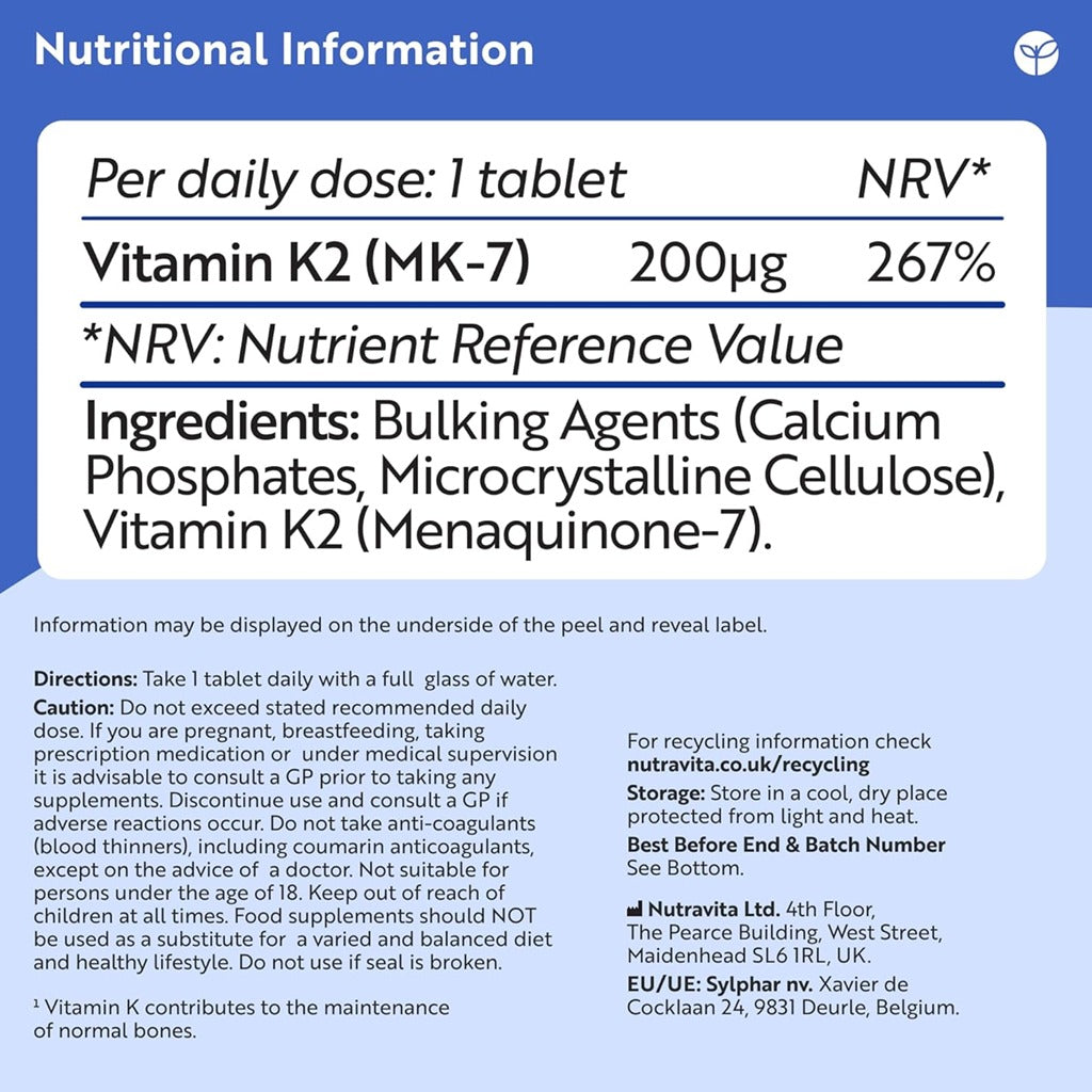 فيتامين ك2 تركيز 200 ميكج 365 قرص - Nutravita Vitamin K2 MK 7 200mcg 365 Tablets