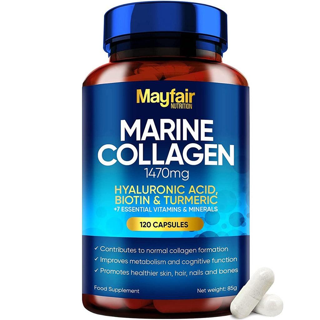 كولاجين بحري للبشرة 1470 مجم مدعم بالهيالورونيك اسيد والبيوتين والكركم 120 كبسولة - Mayfair Marine Collagen 1470 Capsules 120's - Herbanta -  تسوق الان بأفضل سعر في السعودية