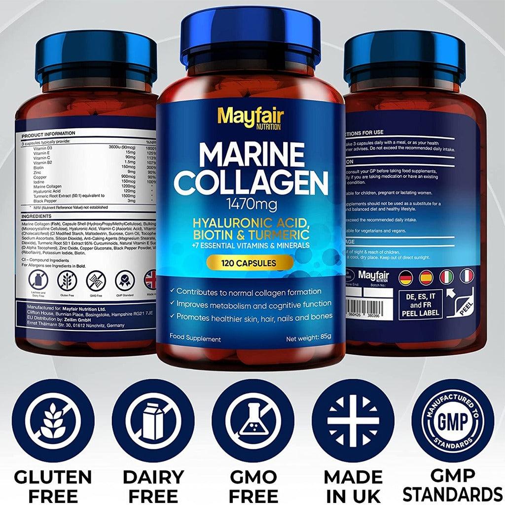 كولاجين بحري للبشرة 1470 مجم مدعم بالهيالورونيك اسيد والبيوتين والكركم 120 كبسولة - Mayfair Marine Collagen 1470 Capsules 120's - Herbanta -  تسوق الان بأفضل سعر في السعودية