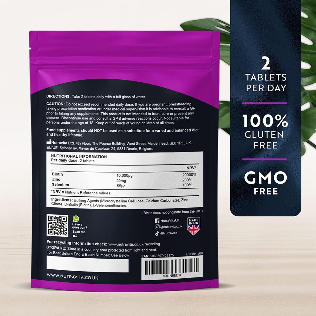 بيوتين 10000 ميكج مع زنك وسيلينيوم 180 قرص - Nutravita Biotin 10000mcg With Zinc and Selenium 180 Tablets
