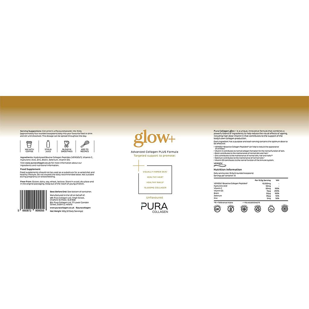 بيورا كولاجين جلو+ تركيبة كولاجين بودر متطورة 28 يوم - Pura Collagen Glow+ Advanced Collagen Plus Formula 28 Servings 284g